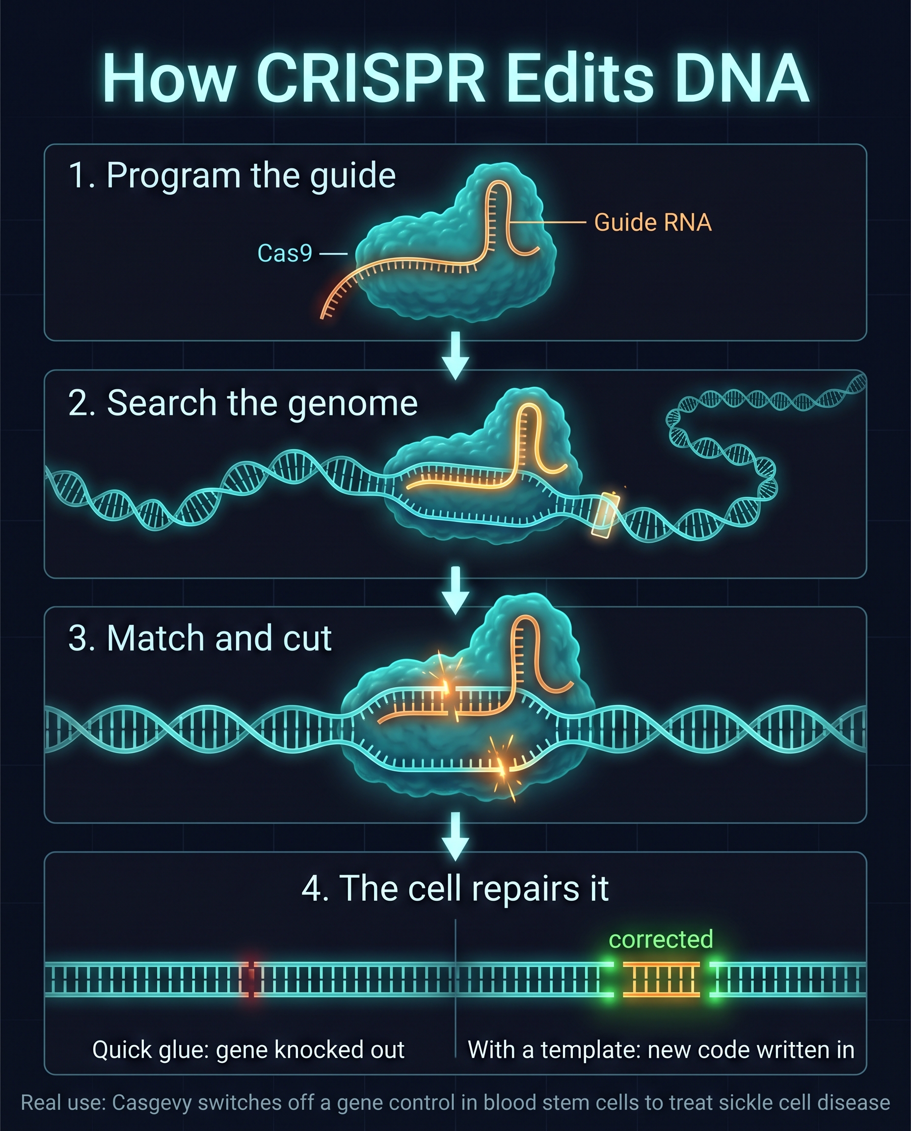 Infographic: how CRISPR-Cas9 edits DNA. Program the guide RNA, search the genome, cut both strands, then let the cell repair the break.