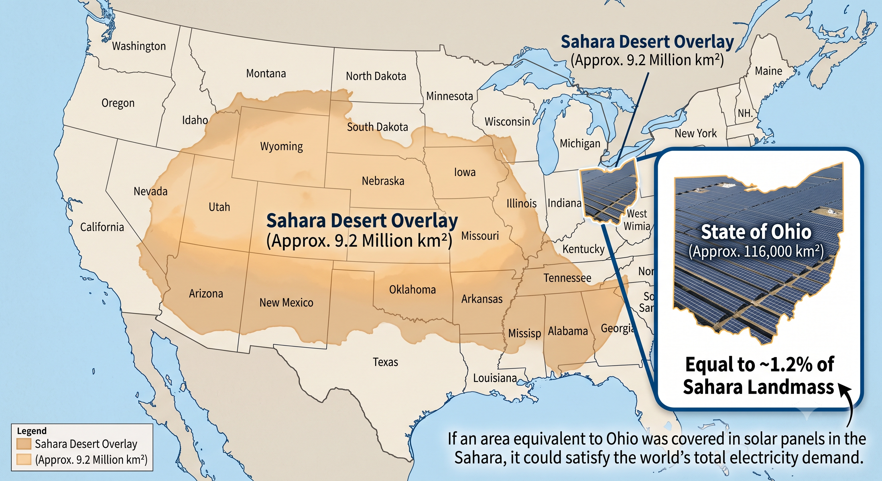 The 1.2% footprint needed to power the world (about the size of Ohio) set against the full Sahara.